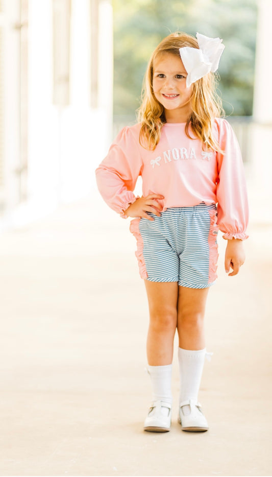 French Knot Bow Peach and Slate Fall Short Set