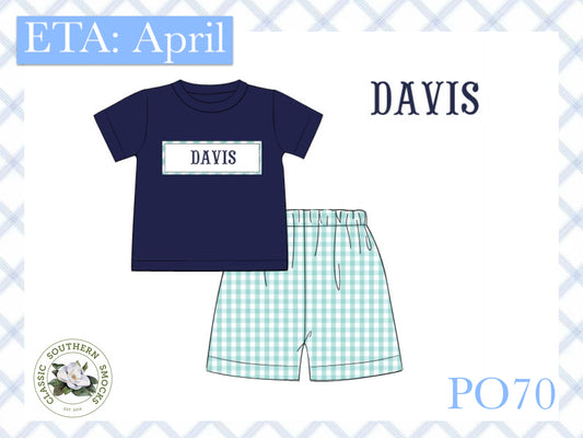 PO70 Navy and Mint Name Smock Boy Short Set