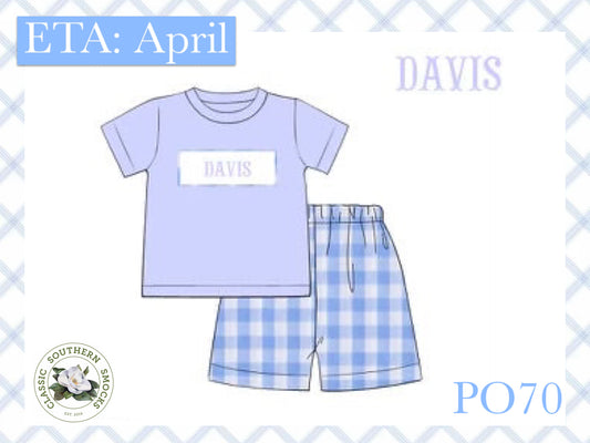 PO70 Blue Check Name Smock Boy Short Set