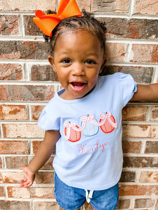 Pumpkin Bow Applique Short Sleeved Girl Shirt