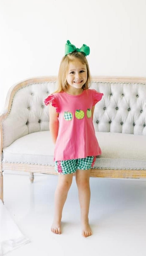 Pink Apple Applique Girl Short Set