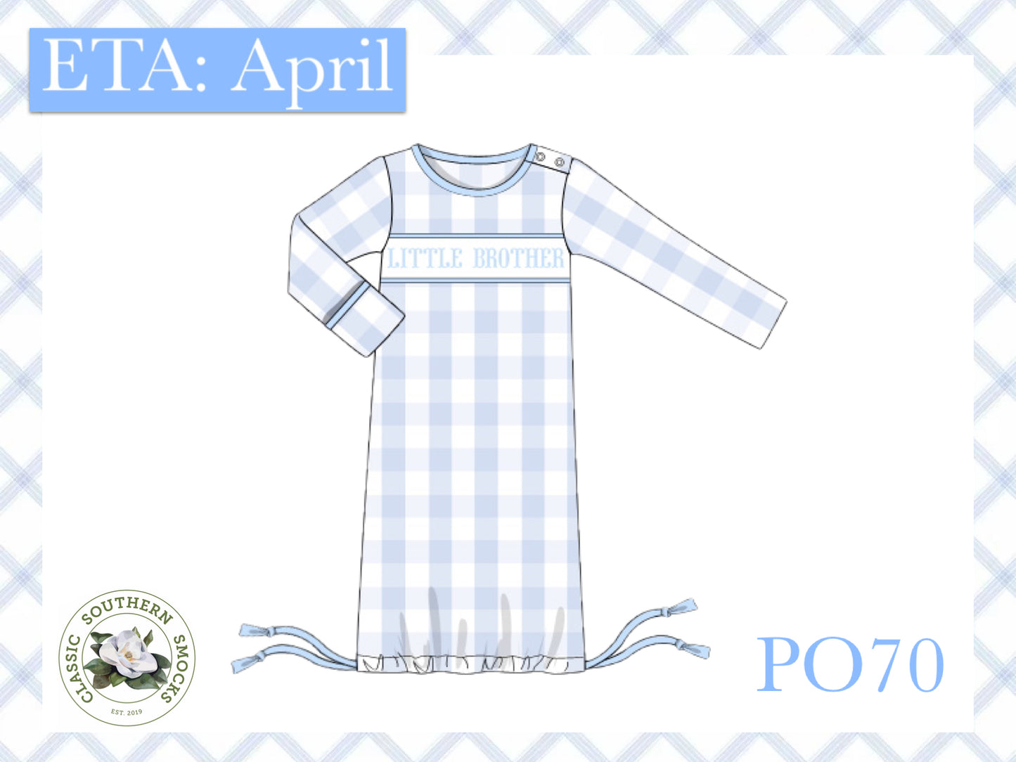 PO70 Blue Check Name Smock Boy Newborn Gown