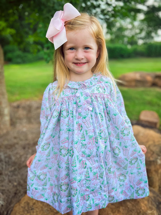 Pink and Green Christmas Print Dress