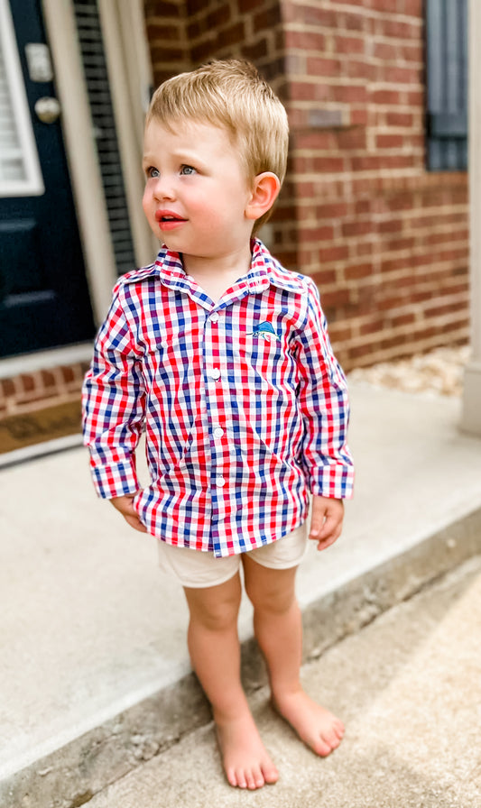 Red, White, and Blue Checked Button Down